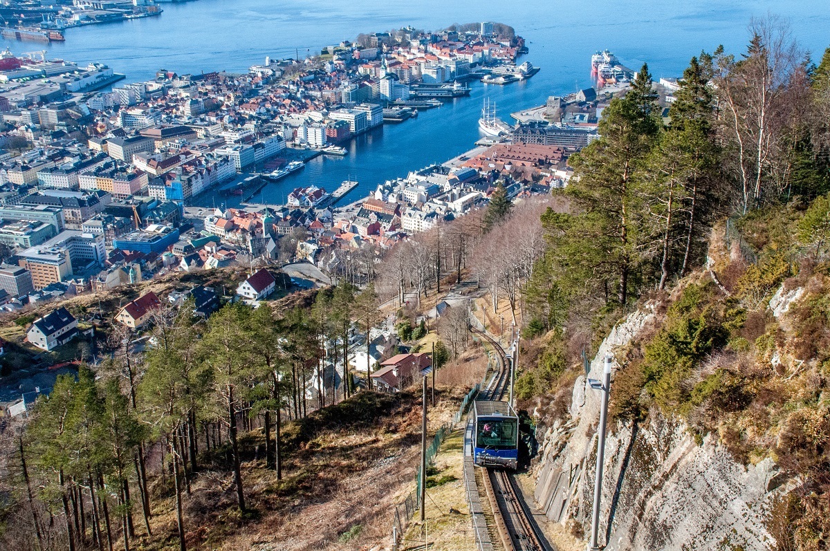 Mount Floyen funicular car and the harbor of Bergen seen from above