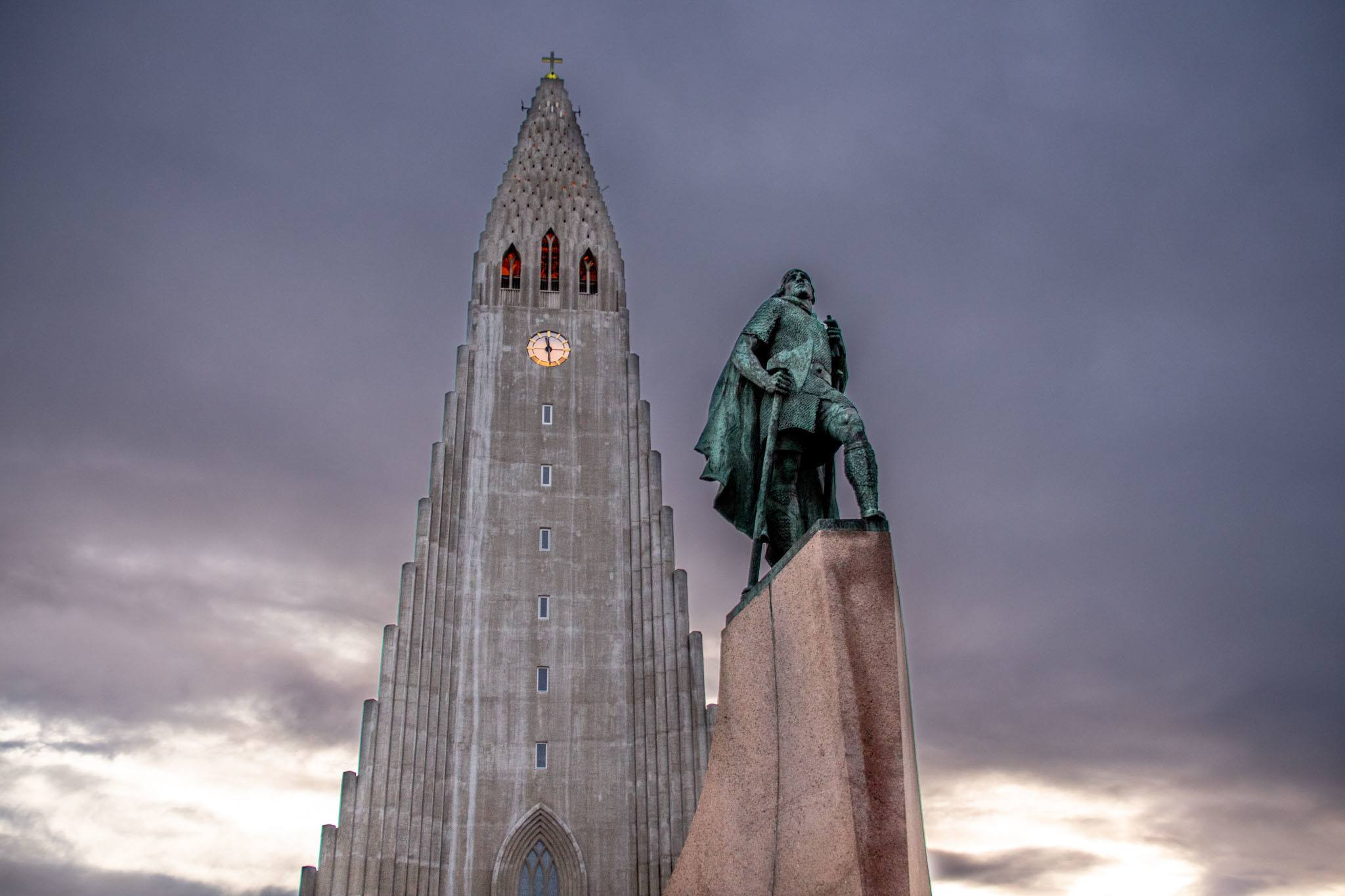 The Leif Ericsson statue in front of the Hallgrimskirkja church in Reykjavik. The Hallgrimskirkja is the defining feature of the downtown Reykjavik skyline.
