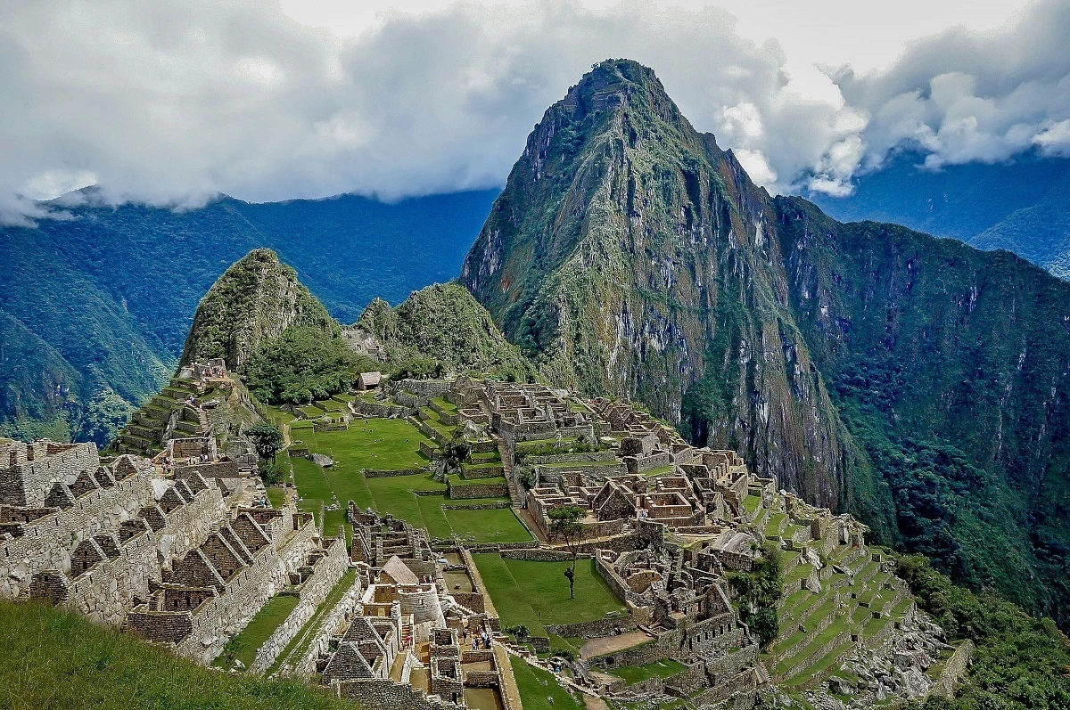 Overhead view of Machu Picchu ruins and mountain peak